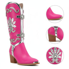 Tuhoomall Pink Rhinestone Pointed Toe Ankle Boots for Parties and Performances, Chunky Heel Fashion Footwear for Casual and Night Out