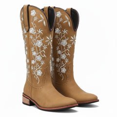 Tuhoomall Comfortable Western Boots for Women - Floral Embroidered Design, Slip-On Style, Outdoor Fashion - Perfect for Everyday Wear