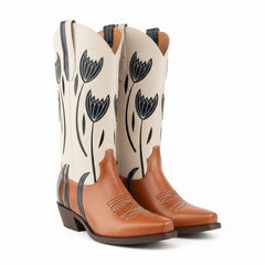 Tuhoomall Western Cowboy Boots for Women, Comfortable Floral Embroidered Mid-Calf Booties for Parties, Casual Wear and Events