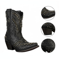 Tuhoomall Chunky Heel Western Short Ankle Boots for Women - Studded Design, Slip-On Comfort, Versatile for Travel and Weddings