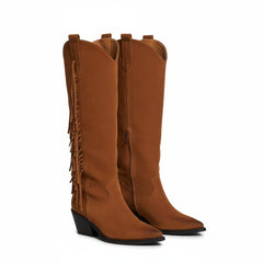 Tuhoomall Western Style Mid-Calf Boots with Tassels, Casual Fashion Footwear, Chunky Heel, Faux Suede, Zipper Closure, All-Season Design