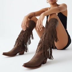 Tuhoomall Western Knee-High Cowboy Boots, Chunky Heel, Fringe & Studs, Retro Style, Casual Wear, All Seasons