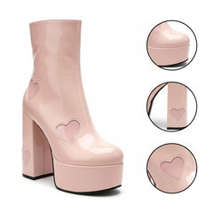 Tuhoomall Chunky Heeled Ankle Boots for Women, Heart Pattern, Zipper Closure, All-Season Fashion, Perfect for Parties and Travel
