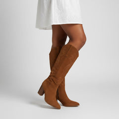 Tuhoomall Western Floral Embroidered Knee-High Boots for Women - Comfortable Slip-On Design with Chunky Heel for Parties and Daily Wear