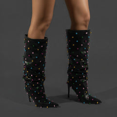 Tuhoomall Wrinkled Western Knee High Boots for Women with Pointed Toe, Sparkling Accents, Ideal for Fashionable Casual Outdoor Wear