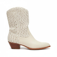 Tuhoomall Cowboy Style Chunky Heel Ankle Boots for Women, Pointed Toe, Zipper Closure, Stylish Crochet Detailing, Perfect for Work and Casual Outings