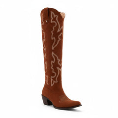 Tuhoomall Western Knee-High Boots with Elegant Embroidery, Stylish Mid Heel for Casual and Office Wear, Durable Faux Suede Leather, All-Season Fashion
