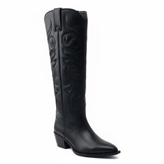 Tuhoomall Western Knee-High Boots for Women, Embroidered Chunky Heel, Slip-On Style, Pointed-Toe, Premium Leather, All Seasons Fashion Tuhoomall