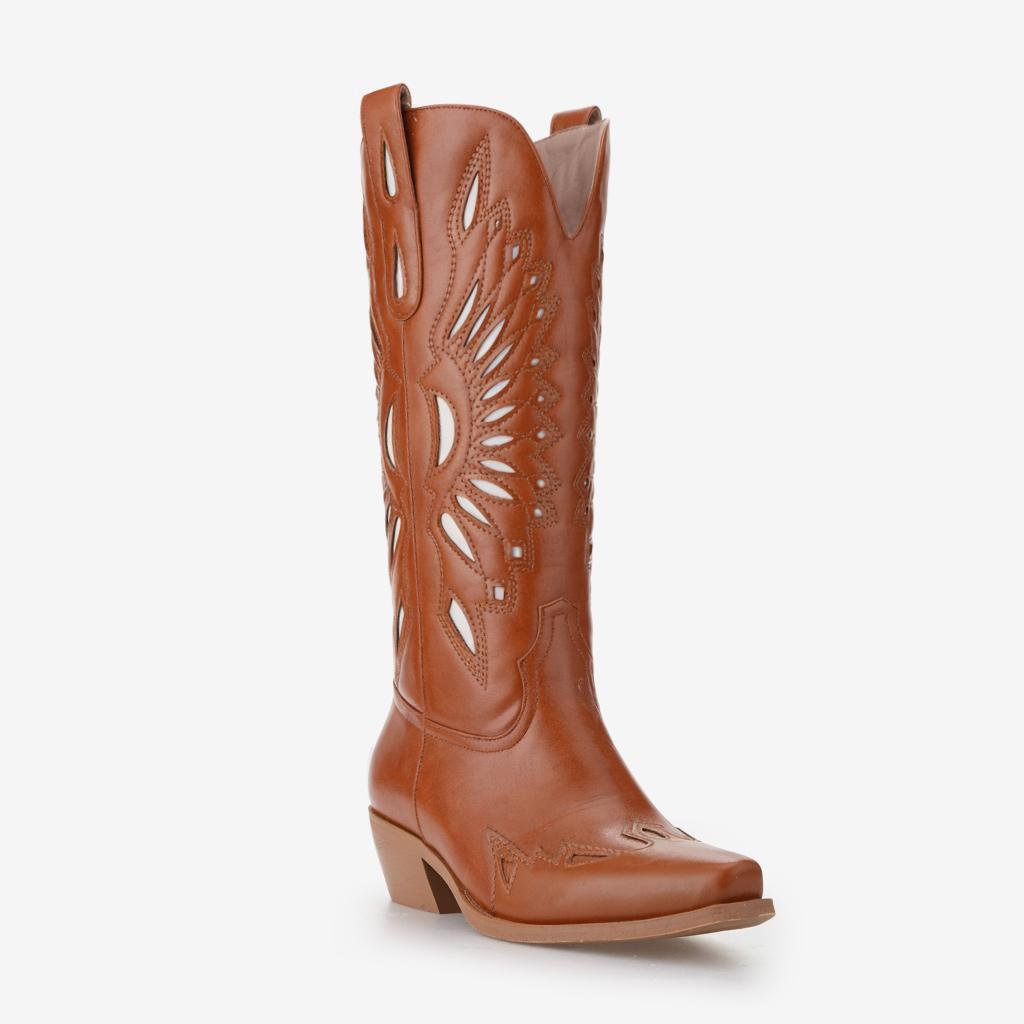 Tuhoomall Western Cowgirl Boots, Chunky Heel, Floral Inlay Design, Comfortable Slip-On Style for Casual Outings Tuhoomall
