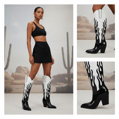 Tuhoomall Western Cowgirl Boots for Women, Pointed Toe, Slanted Block Heel, Stylish Mid Calf, Comfortable Slip-On Design