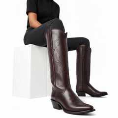 Tuhoomall Western Style Knee-High Boots, Embroidered Vegan Leather, 5.5cm Chunky Heel, Fashion Casual for All Seasons
