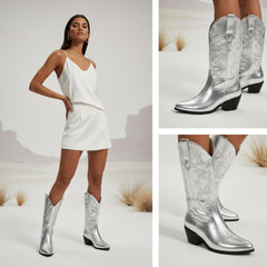 Tuhoomall Western Chunky Heel Women's Cowboy Boots, Comfortable Slip-On, Retro Embroidered Design, Non-Slip Sole for Travel and Casual Wear