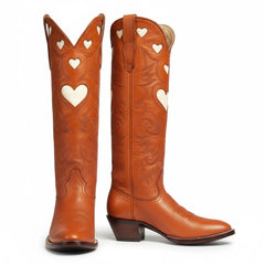 Tuhoomall Western Knee High Boots With Rubber Sole, 5cm Chunky Heel, Embroidered Sweet Pink Hearts For Casual Fashion All Year Round