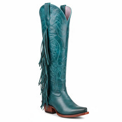 Tuhoomall Fringe Western Knee High Boots for Women, Soft Vegan Suede, Embroidered Design, Perfect for Vintage, Casual, and Party Wear