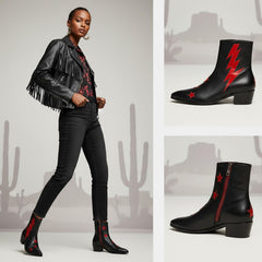 Tuhoomall Pointed-Toe Chunky Heel Ankle Booties with Zipper Closure - Fashionable Floral Applique Design for Parties and Everyday Wear