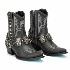 Tuhoomall Western Ankle Booties, Chunky Heel, Snip-Toe, Studded & Embroidered, All-Season Wear for Parties and Performances