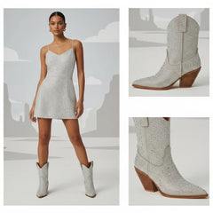 Tuhoomall Rhinestone Embellished Ankle Boots for Women, Chunky Heel 6.5 cm, Slip-On Pointed Toe Short Booties for Parties and Weddings