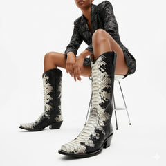 Tuhoomall Western Style Knee-High Cowboy Boots For Women, Comfortable Ankle Design, Fashionable Casual Look With Faux Leather In Crocodile & Snake Patterns