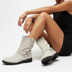 Tuhoomall Western Cowboy Ankle Boots for Women, Vintage Chunky Heel Booties, Easy Slip-On Design, All-Weather Comfort with Metal Buckle Detail