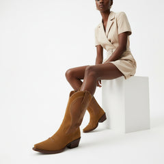 Tuhoomall Western Style Casual Ankle Boots for Women, Comfortable Pointed Toe Chunky Heels, Woven Faux Suede, All-Season Fashion Footwear