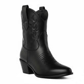 Tuhoomall Western Ankle Boots with Embroidered Pattern, 5cm Chunky Heel, Slip-On Design for Fashion and Travel, Durable Synthetic Fabric Lining Tuhoomall