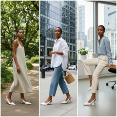 Tuhoomall Comfortable Kitten Heel Slip-On Shoes, Metallic Finish, Fashionable for Work and Travel, Made with Genuine Leather, Perfect for Spring and Summer