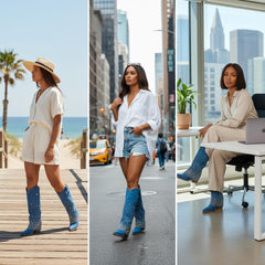 Tuhoomall Western Denim Mid Calf Boots With Chunky Heel, Pointed Toe, Rhinestone Embellishments For Casual Style, 13 In Shaft Height