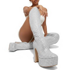 Tuhoomall Thigh High Satin Platform Boots with Chunky Heel and Rhinestone Embellishments for Parties and Special Occasions