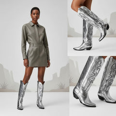 Tuhoomall Western Mid Calf Boots for Women, Embroidered Pointed Toe, Chunky Heel, Slip-On Design for Casual Style