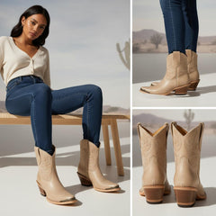 Tuhoomall Western Style Ankle Boots For Women, Vintage Plain Leather, Low Heel, Casual Chic, All-Season Fashion, Unique Embroidery Design