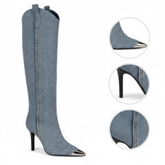 Tuhoomall Stylish High Heel Ankle Boots with Zipper, 10cm Stiletto, Rubber Sole, Metallic Shine, Denim Finish for Fashion, Casual, Office