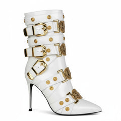 Tuhoomall Fashion Stiletto Mid Calf Boots With Pointed Toe And Zipper Closure, Multi-Strap Design Featuring Buckle And Hardware Accessories For Party And Street Wear