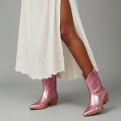 Tuhoomall Metallic Cowboy Ankle Boot with Chunky Block Heel, Pointed Toe, Embroidered Design for Casual Fashion Use, Vegan Leather, All Seasons