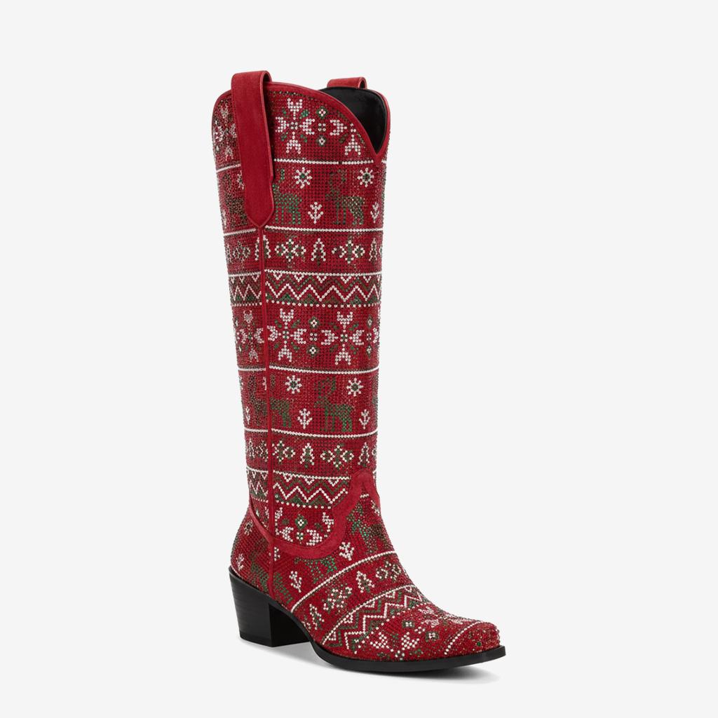 Tuhoomall Comfortable Knee-High Western Boots for Parties and Performances with Rhinestones and Floral Patterns, 5.7cm Chunky Heel, All-Season Fashion Tuhoomall