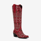 Tuhoomall Comfortable Knee-High Western Boots for Parties and Performances with Rhinestones and Floral Patterns, 5.7cm Chunky Heel, All-Season Fashion Tuhoomall