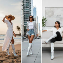 Tuhoomall Iridescent Mid Calf Stiletto Heeled Boots for Parties and Performances, Fashionable Vegan Leather, Pointed Toe, Easy Slip-On, 9.5cm Height