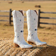 Tuhoomall Western Embroidered Mid Calf Boots, Chunky 5.5 cm Heel, Slip-On Design for Weddings and Outdoor Events Tuhoomall