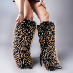 Tuhoomall Western Style Knee-High Fashion Boots - Pointed Toe, 9.5cm Stiletto Heels, Faux Fur for Parties and Performances