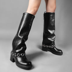 Tuhoomall Thick-Soled Round-Toe Low-Heel Casual Midi Boots with Decorative Hardware for Everyday Fashion