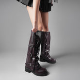 Tuhoomall Stylish Knee-High Boots for Women - Comfortable PU Leather, Low Chunky Heel, Adjustable Buckle for Casual and Formal Wear