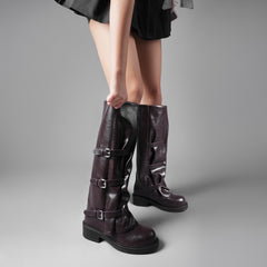 Tuhoomall Stylish Knee-High Boots for Women - Comfortable PU Leather, Low Chunky Heel, Adjustable Buckle for Casual and Formal Wear