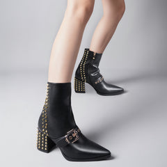 Tuhoomall Stylish Chelsea Boots for Women, Chunky Heel Ankle Boots with Zippers and Studded Details, Perfect for Year-Round Fashion Casual Wear