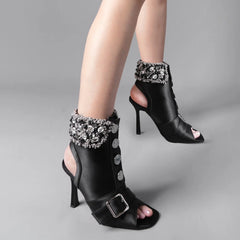 Tuhoomall Comfortable High Heel Sandals with Open Toe and Pearl Embellishments for Wedding, Party, and Performance Summer Style Tuhoomall