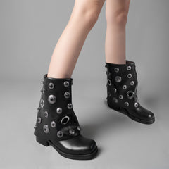 Tuhoomall Fashion Women's Ankle Boots, Geometric Pattern, Low Chunky Heel, Easy Slip-On for Casual Style