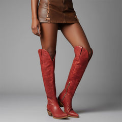 Tuhoomall Western Knee High Boots with Embroidered Design, 2.25 Inch Chunky Heel, Perfect for Fashion, Travel, Parties and Everyday Wear