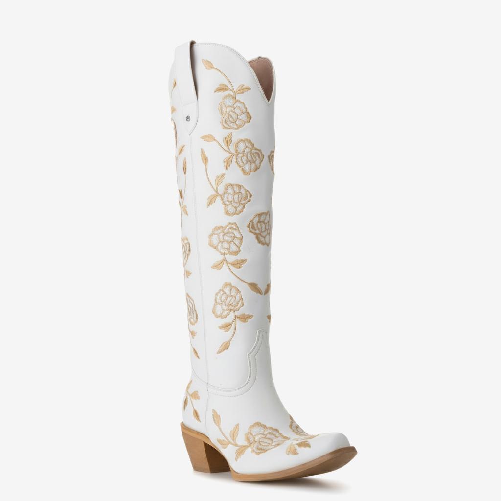 Tuhoomall Western Embroidered Knee-High Boots for Women, Floral Chunky Heel, Slip-On Design for Weddings and Casual Outings Tuhoomall