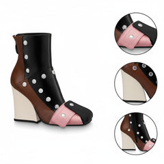 Tuhoomall Fashion Ankle Booties With Zip And Studs, Chunky Wedge Heel, Stylish For Parties And Casual Outings, All-Season Wear