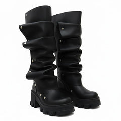 Tuhoomall Gothic Knee-High Boots for Women, Comfortable Chunky Heel, Stylish Slip-On Design for Casual Street Outings Tuhoomall