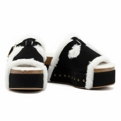 Tuhoomall Blue Faux Suede Fur-Lined Studs Double Buckle Strap Round Platform Cork Sandals Slippers