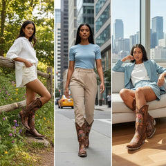 Tuhoomall Western Cowgirl Boots for Women, Floral Embroidered Slip-On Mid Calf Boot, Chunky Heel for Comfort, Stylish for Casual and Outdoor Events